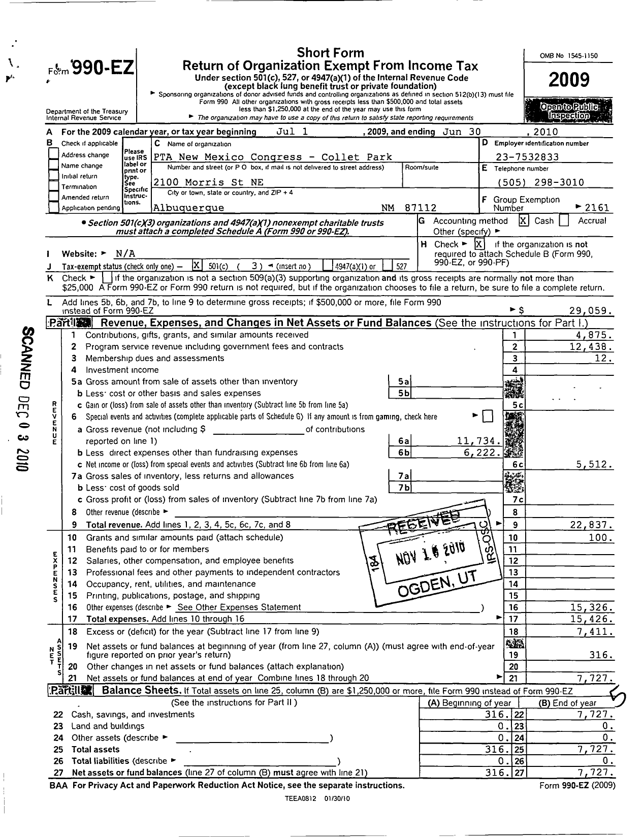 Image of first page of 2009 Form 990EZ for PTA New Mexico Congress / Collet Park Elementary PTA