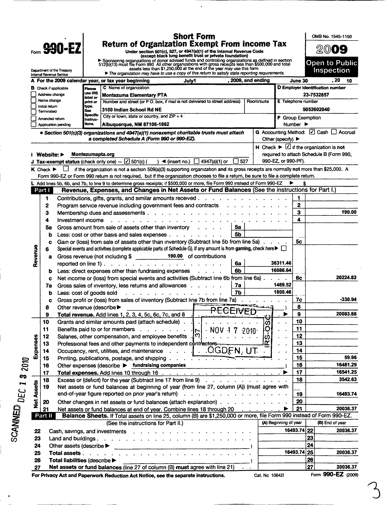 Image of first page of 2009 Form 990EO for PTA New Mexico Congress / Montezuma Elem