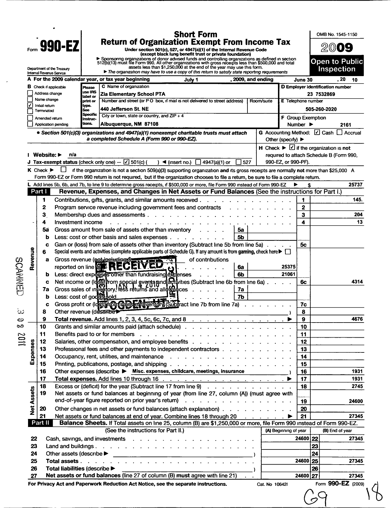 Image of first page of 2009 Form 990EO for PTA New Mexico Congress / Zia Elementary School