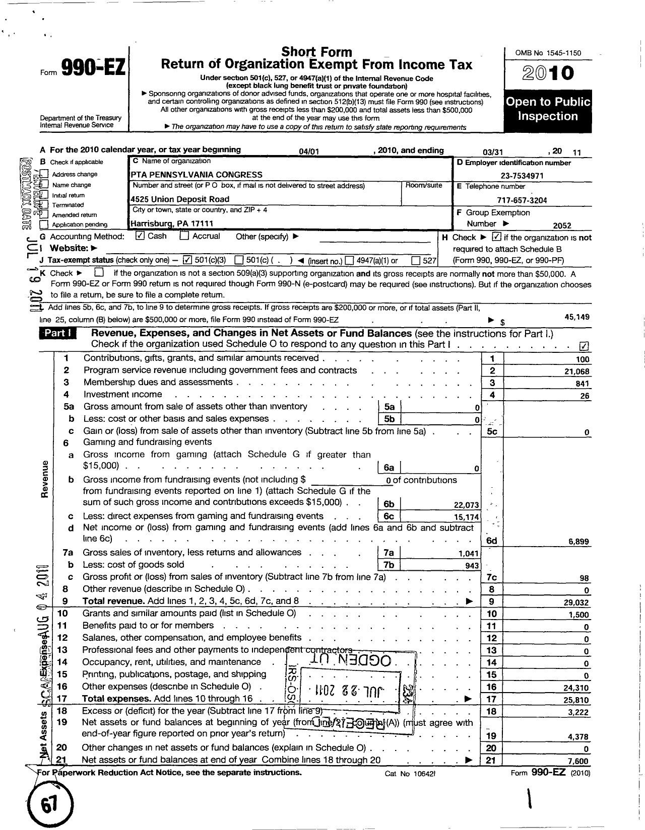 Image of first page of 2010 Form 990EZ for PTA Pennsylvania Congress / South Side Elementary PTA