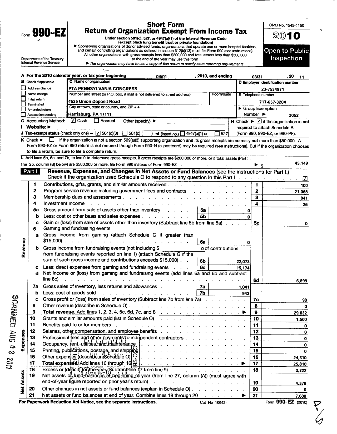 Image of first page of 2010 Form 990EZ for PTA Pennsylvania Congress / South Side Elementary PTA