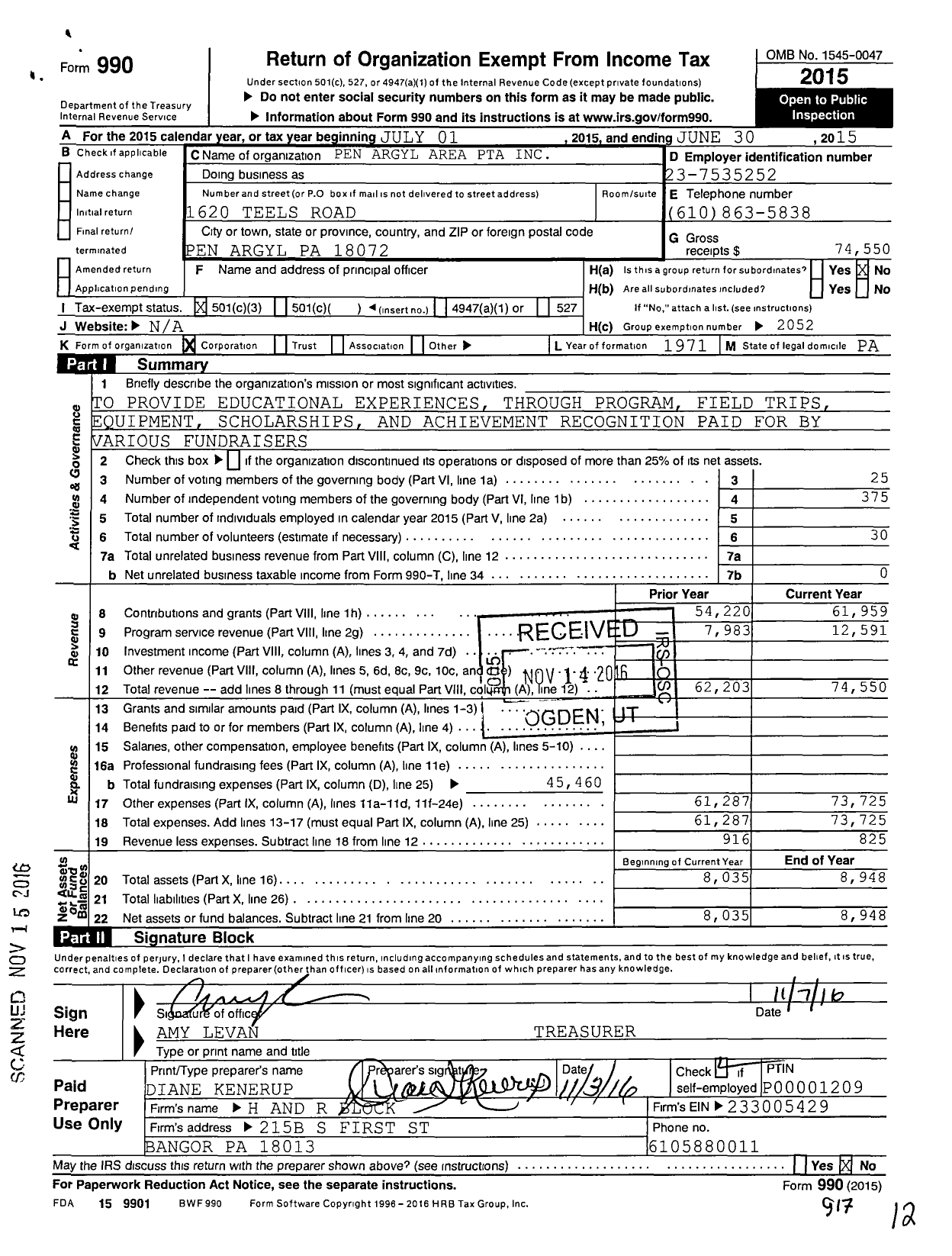 Image of first page of 2014 Form 990 for Pen Argyl Area PTA