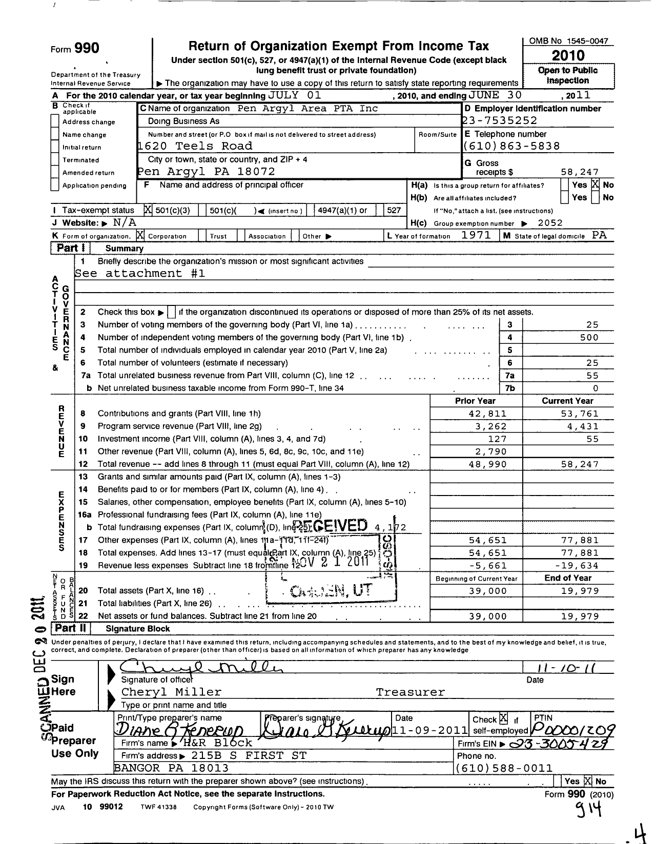 Image of first page of 5010 Form 990 for Pen Argyl Area PTA