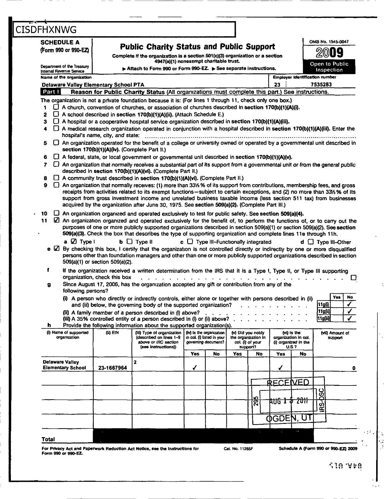 Image of first page of 2009 Form 990ER for PTA Pennsylvania Congress / Delaware Valley Elem School PTA Inc