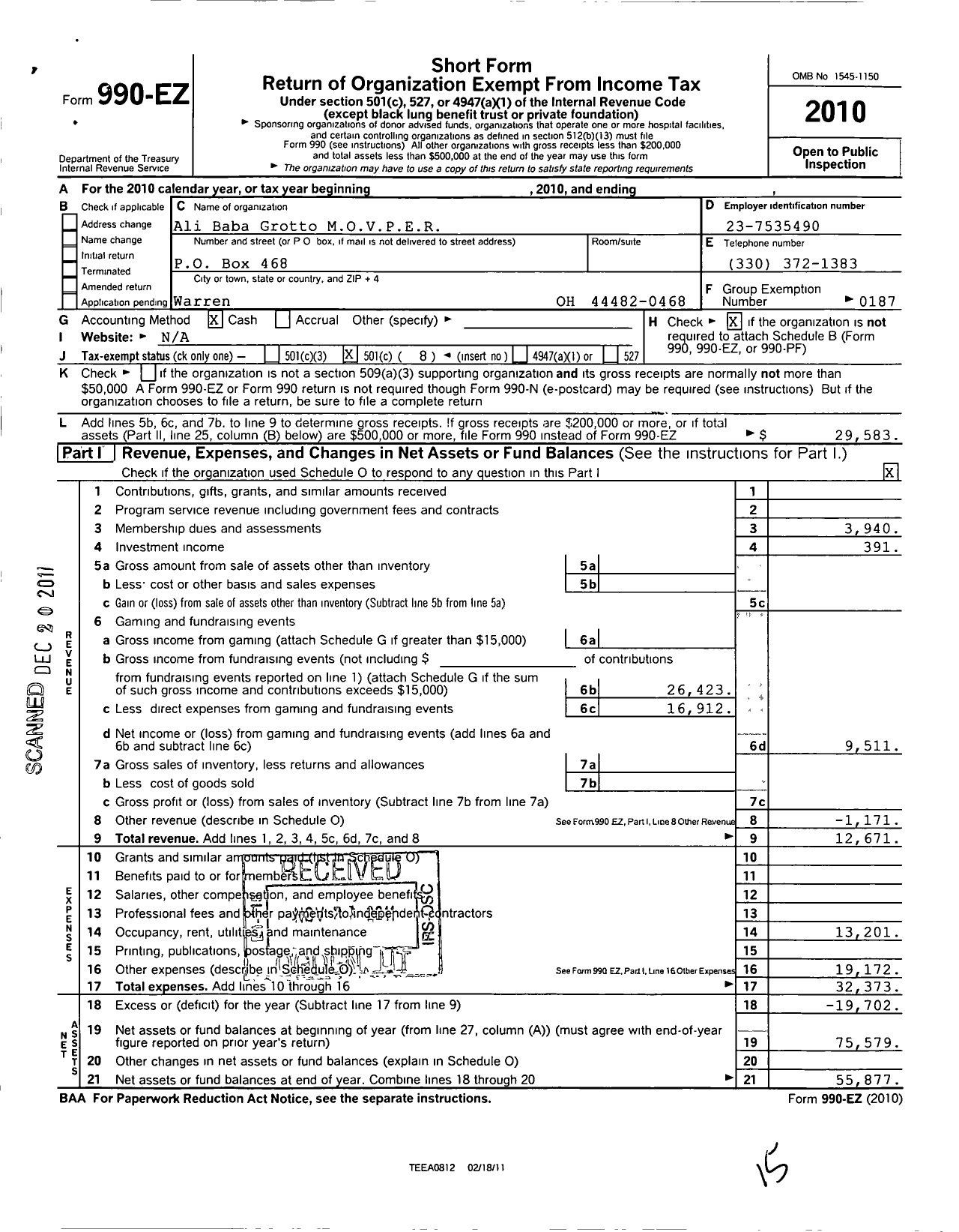 Image of first page of 2010 Form 990EO for Mystic Order of Veiled Prophets of Enchanted Realm / Ali Baba Grotto