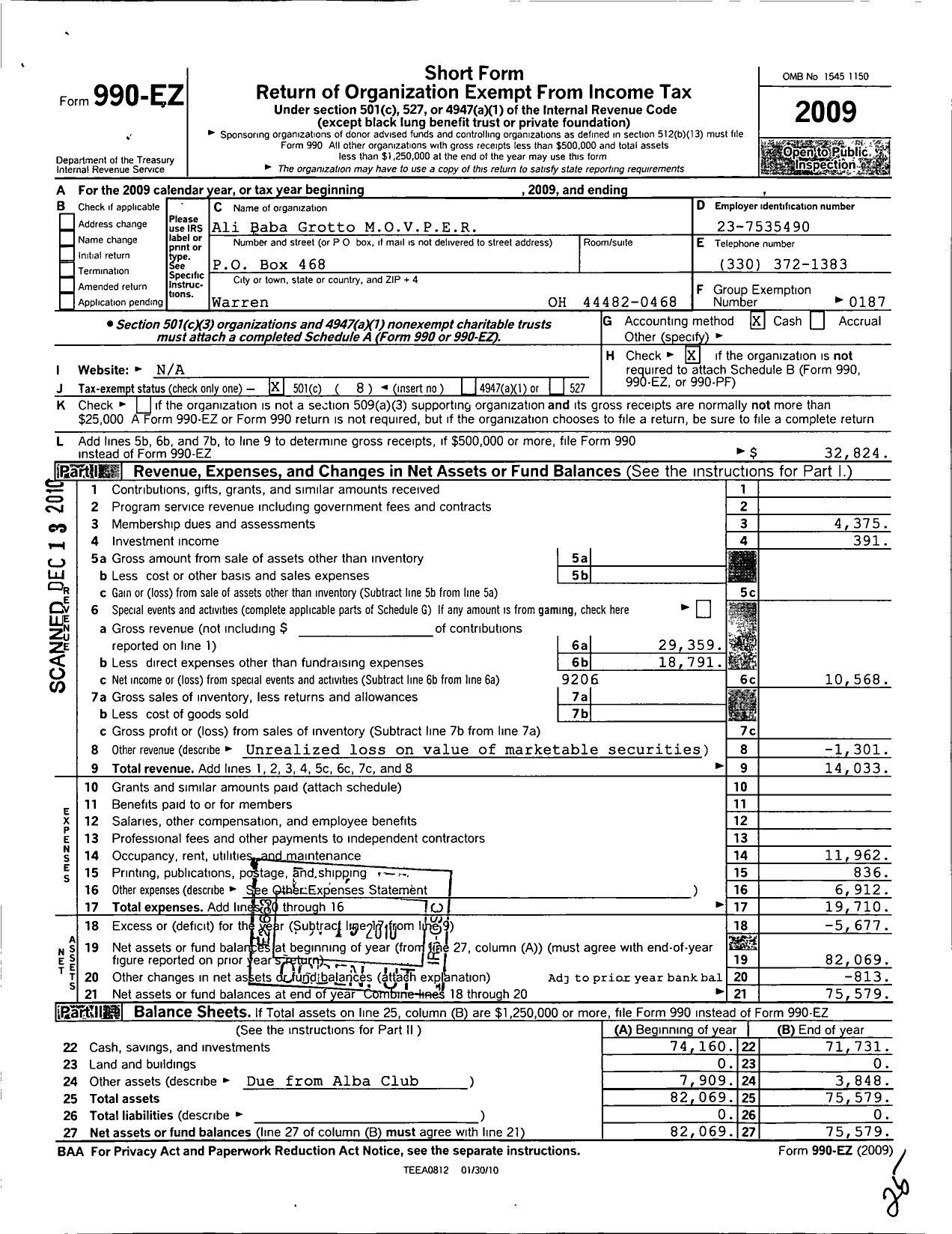 Image of first page of 2009 Form 990EO for Mystic Order of Veiled Prophets of Enchanted Realm / Ali Baba Grotto