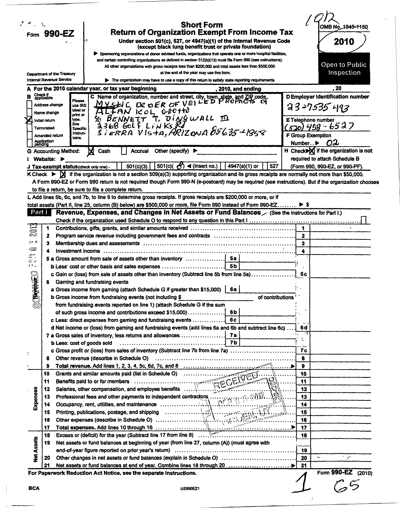 Image of first page of 2010 Form 990EO for Mystic Order of Veiled Prophets of Enchanted Realm Supreme Council / Altan Kol Grotto