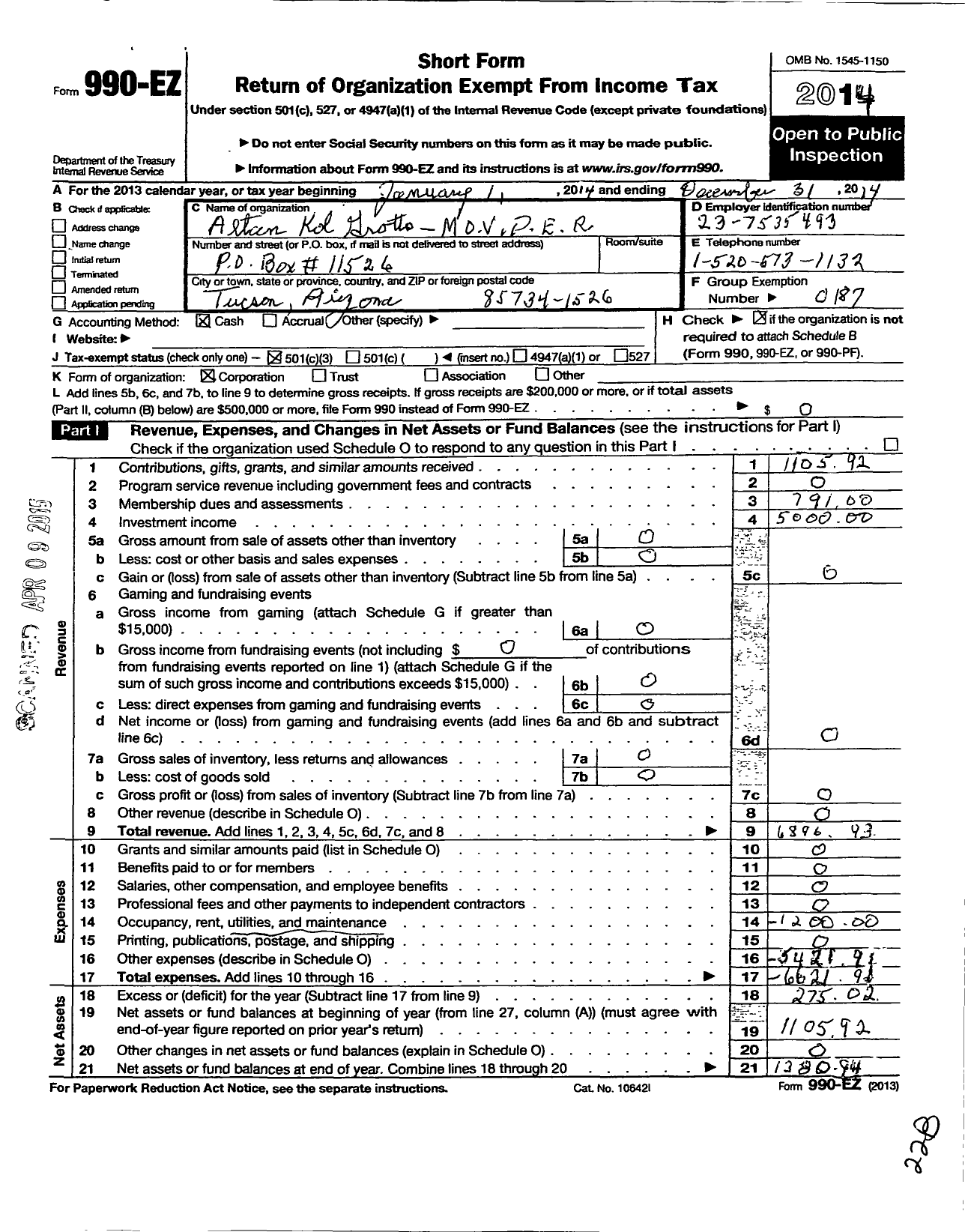 Image of first page of 2014 Form 990EZ for Mystic Order of Veiled Prophets of Enchanted Realm Supreme Council / Altan Kol Grotto