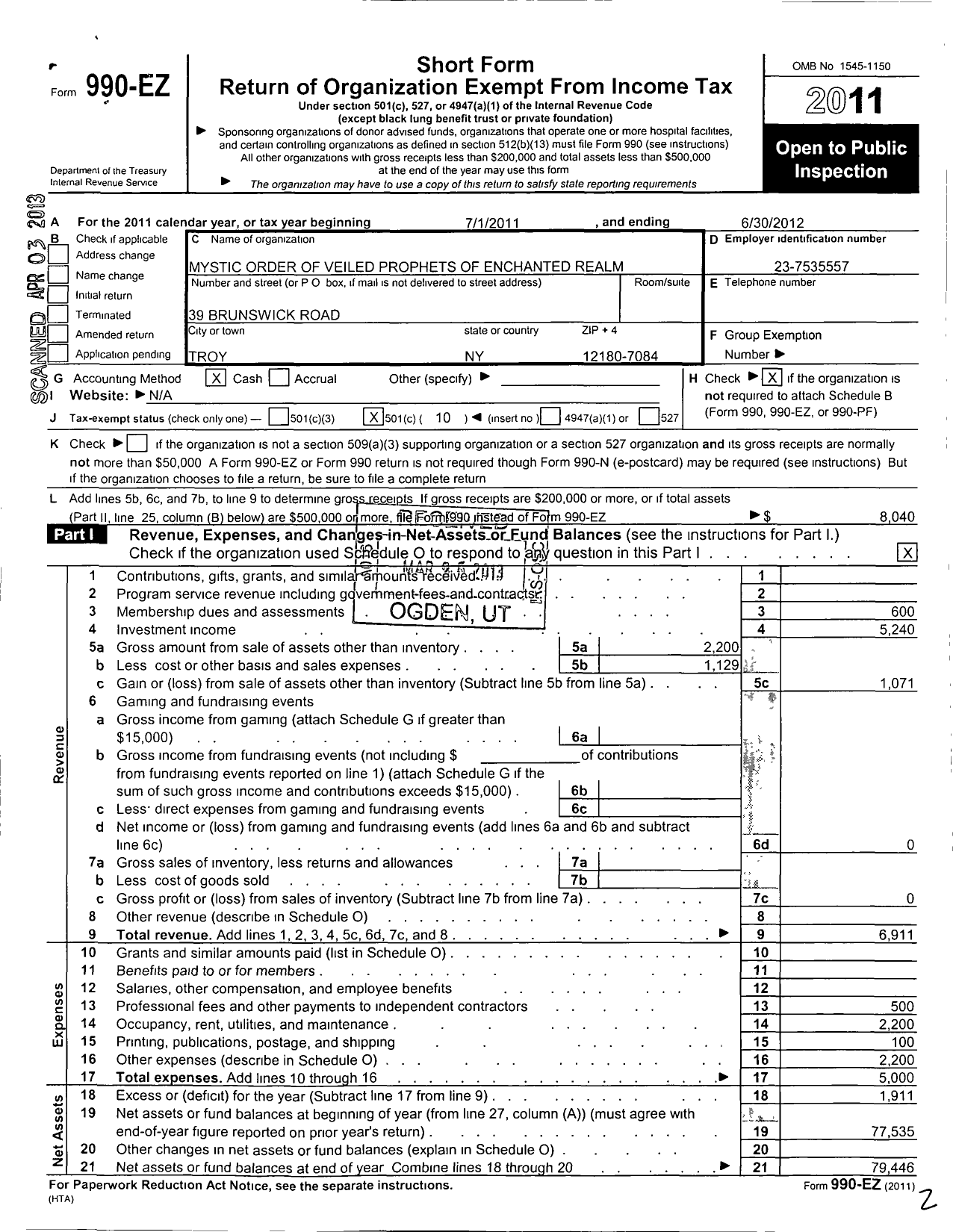 Image of first page of 2011 Form 990EO for Mystic Order of Veiled Prophets of Enchanted Realm / Troy Grotto