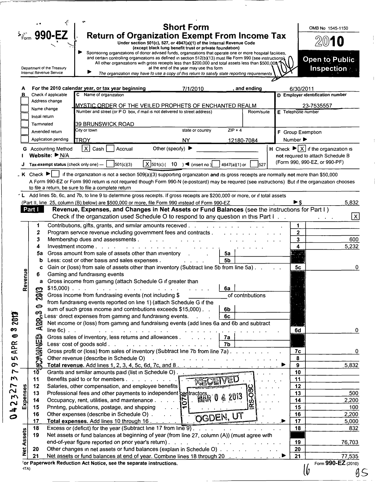 Image of first page of 2010 Form 990EO for Mystic Order of Veiled Prophets of Enchanted Realm / Troy Grotto