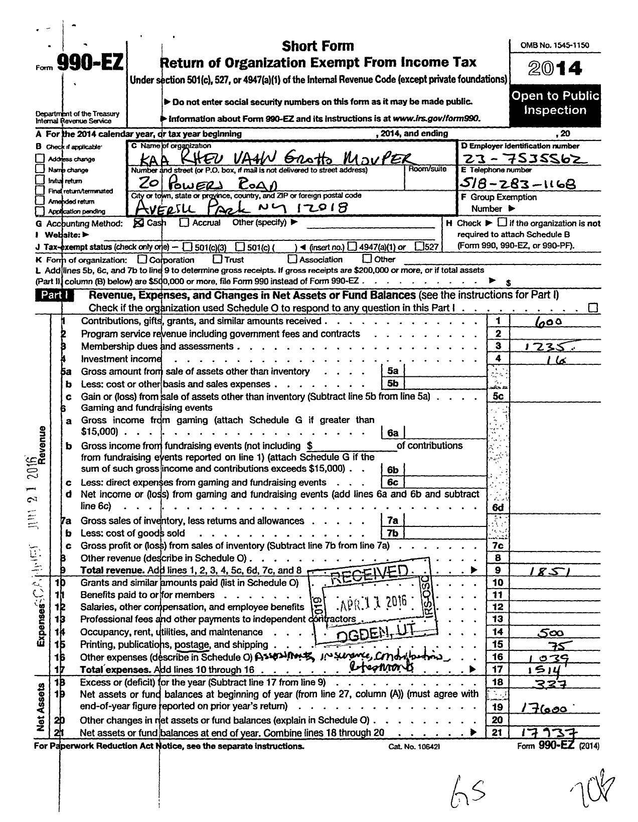 Image of first page of 2014 Form 990EO for Kaa Rheu Vahn Grotto Movper