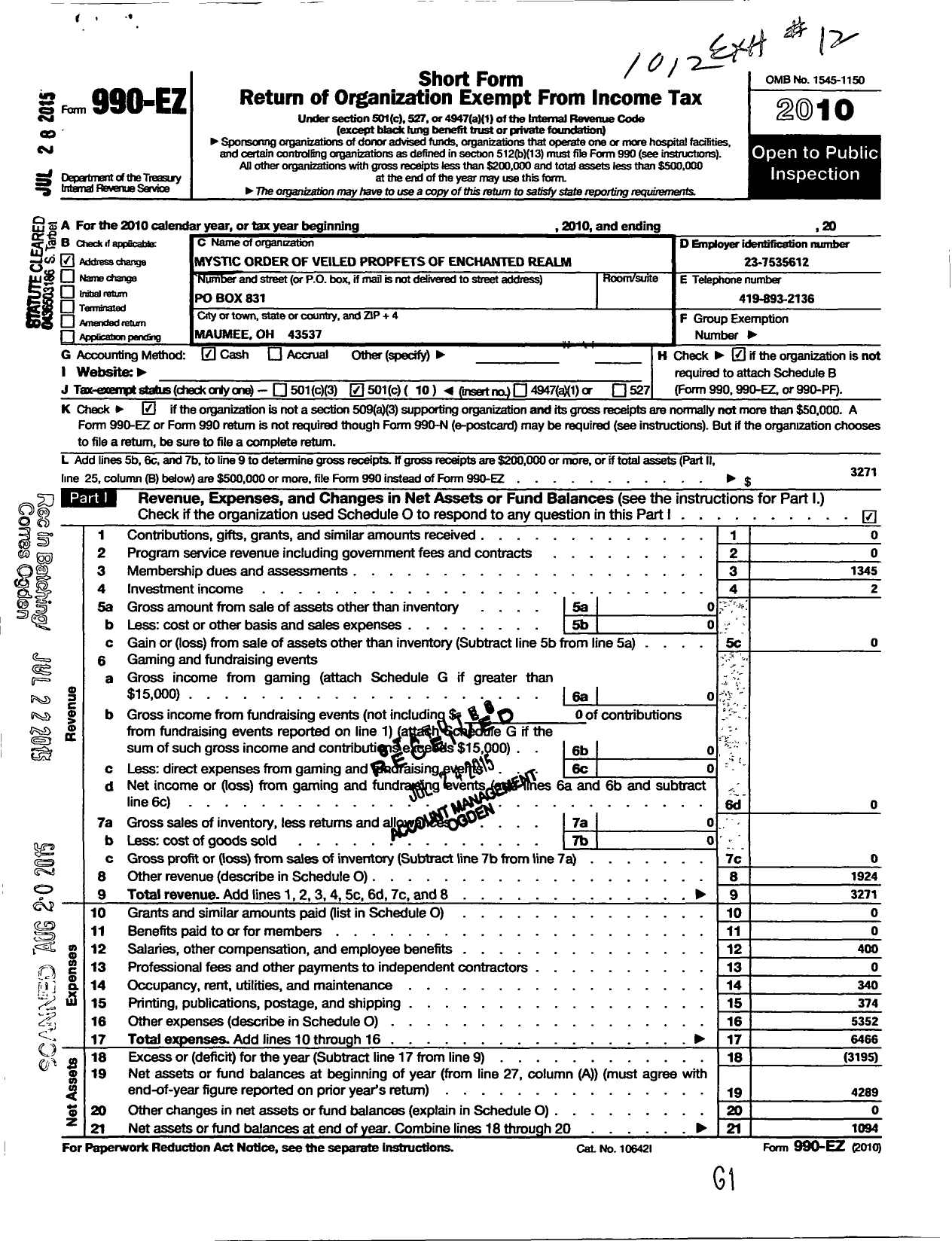 Image of first page of 2010 Form 990EO for Mystic Order of Veiled Prophets of the Enchanted Realm