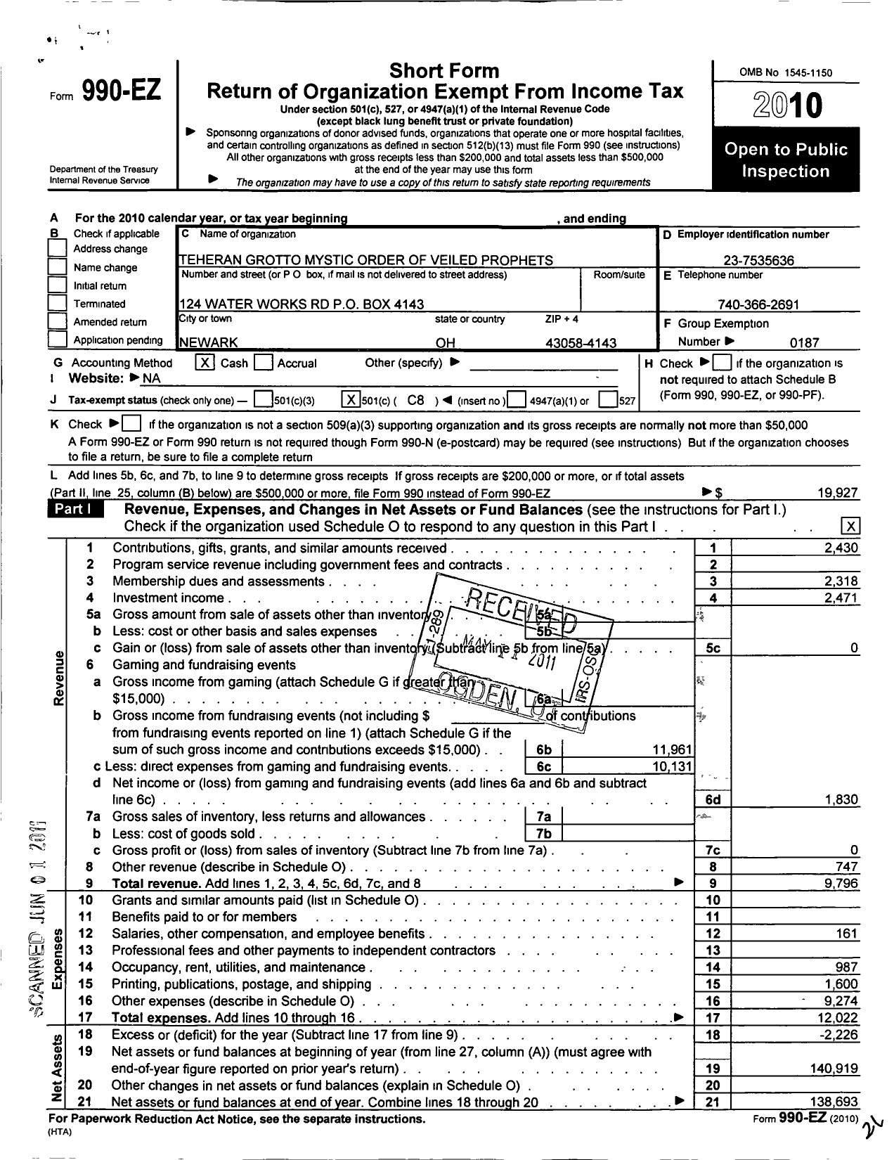 Image of first page of 2010 Form 990EO for Mystic Order of Veiled Prophets of Enchanted Realm / Teheran Grotto