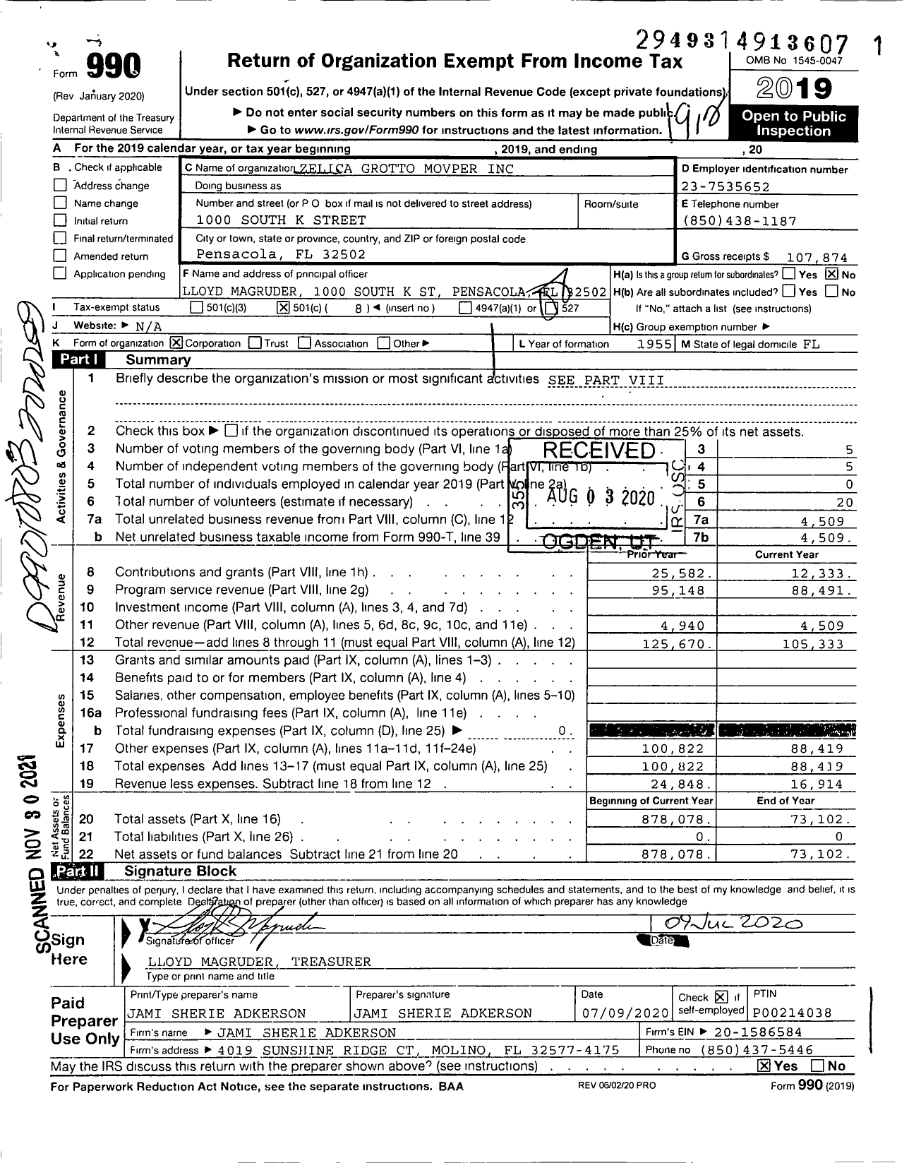Image of first page of 2019 Form 990O for Zelica Grotto Movper
