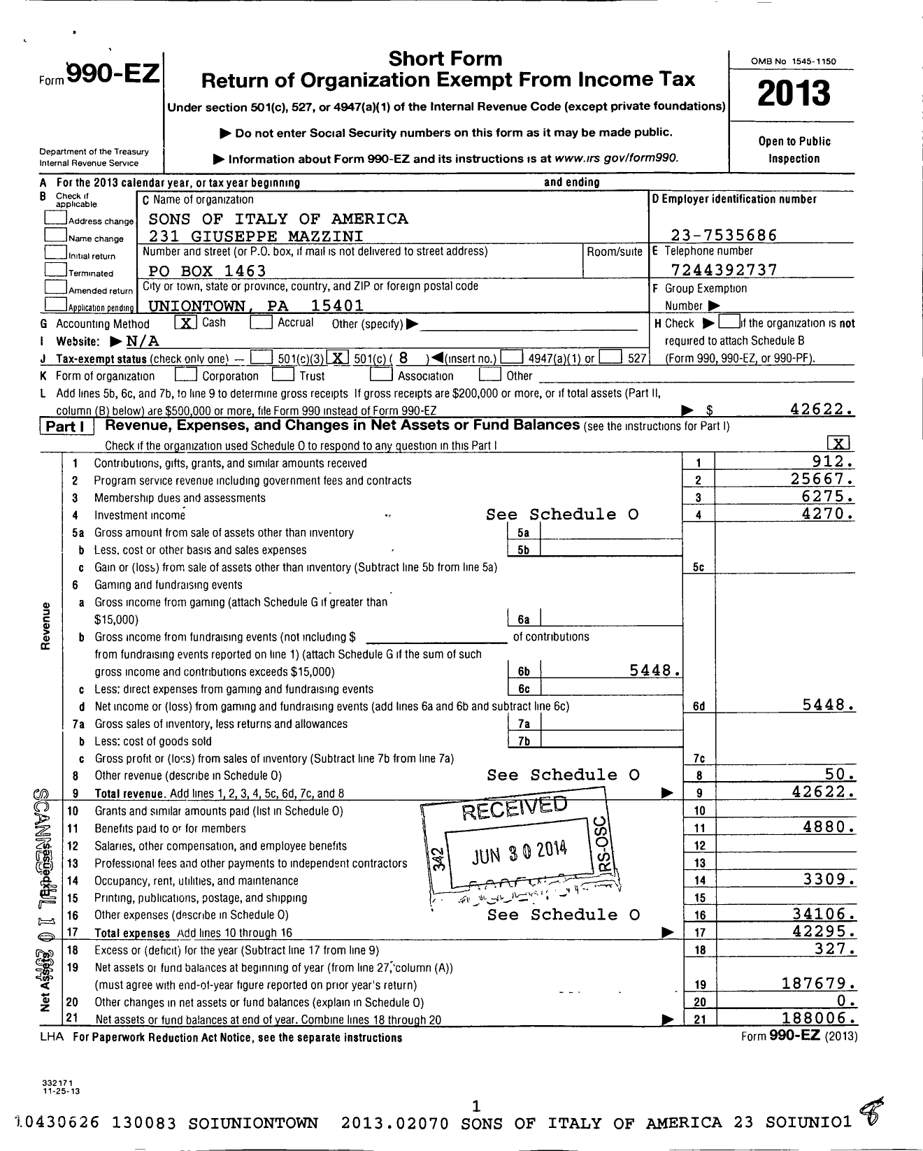Image of first page of 2013 Form 990EO for Giuseppe Mazzini Lodge No 231 Sons of Italy