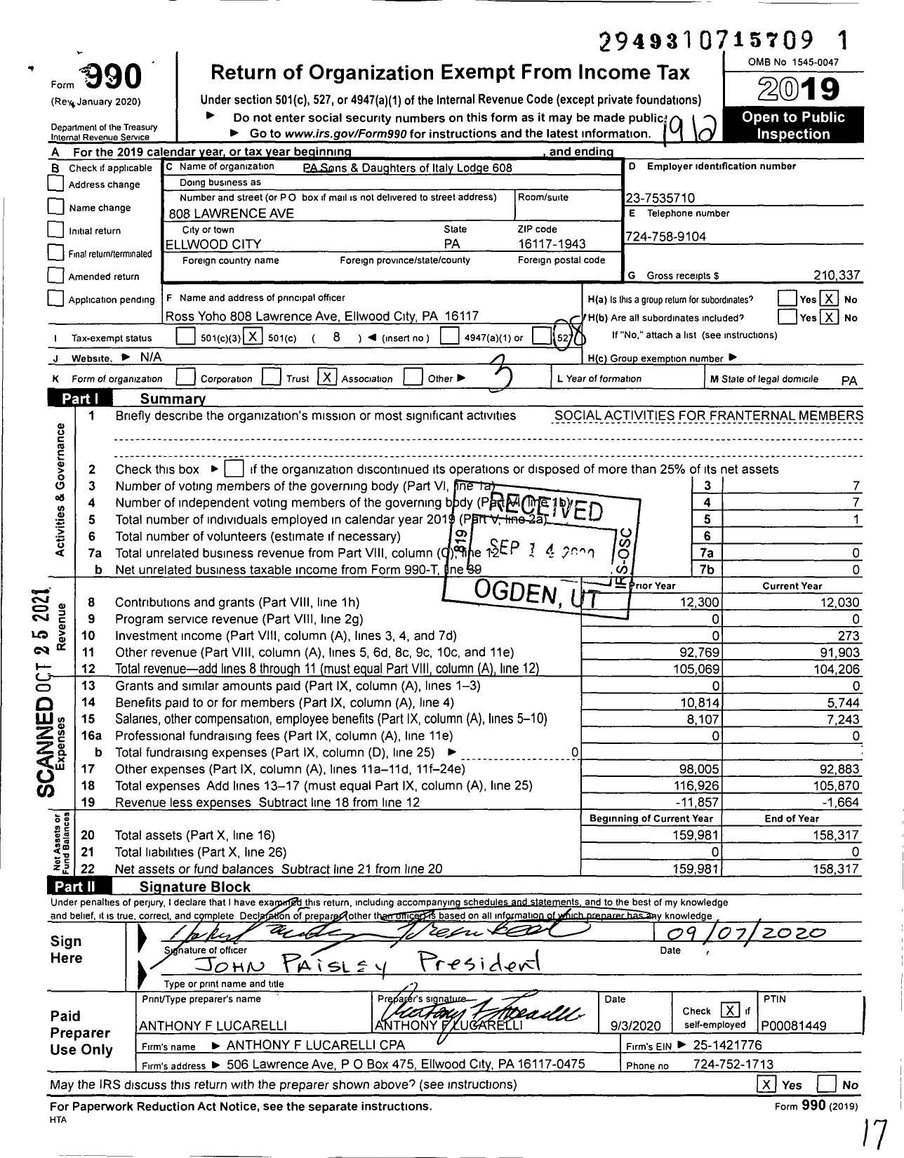 Image of first page of 2019 Form 990O for Pennsylvania Sons and Daughters of Italy - 608 Ellwood City