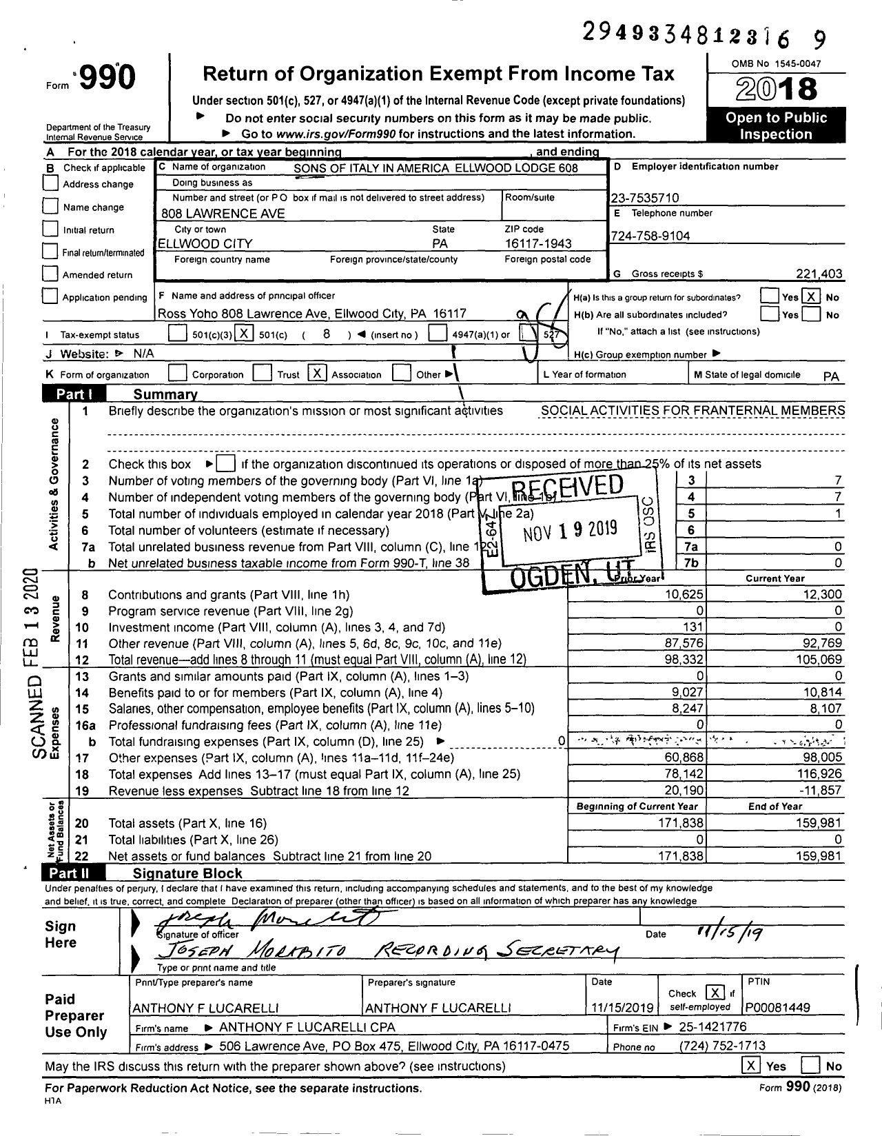 Image of first page of 2018 Form 990O for Pennsylvania Sons and Daughters of Italy - 608 Ellwood City