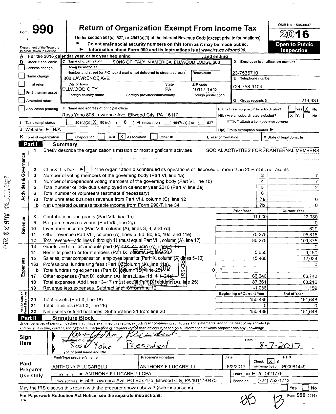 Image of first page of 2016 Form 990O for Pennsylvania Sons and Daughters of Italy - 608 Ellwood City