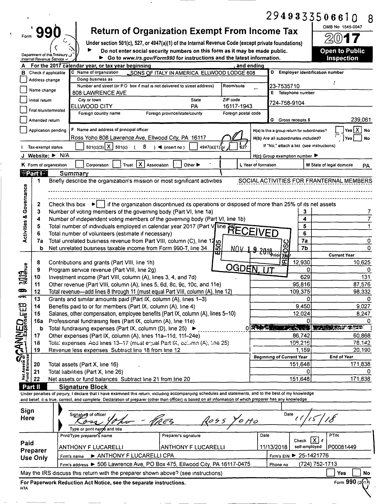 Image of first page of 2017 Form 990O for Pennsylvania Sons and Daughters of Italy - 608 Ellwood City