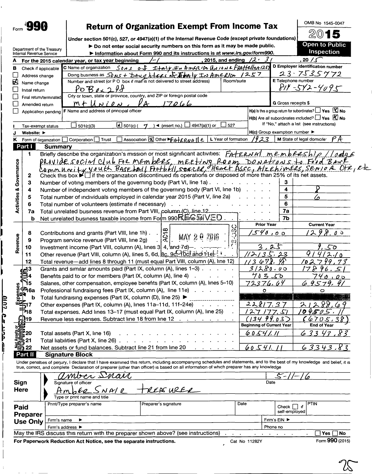 Image of first page of 2015 Form 990O for PENNSYLVANIA SONS AND DAUGHTERS OF ITALY - 1257 unione e Fratellanza