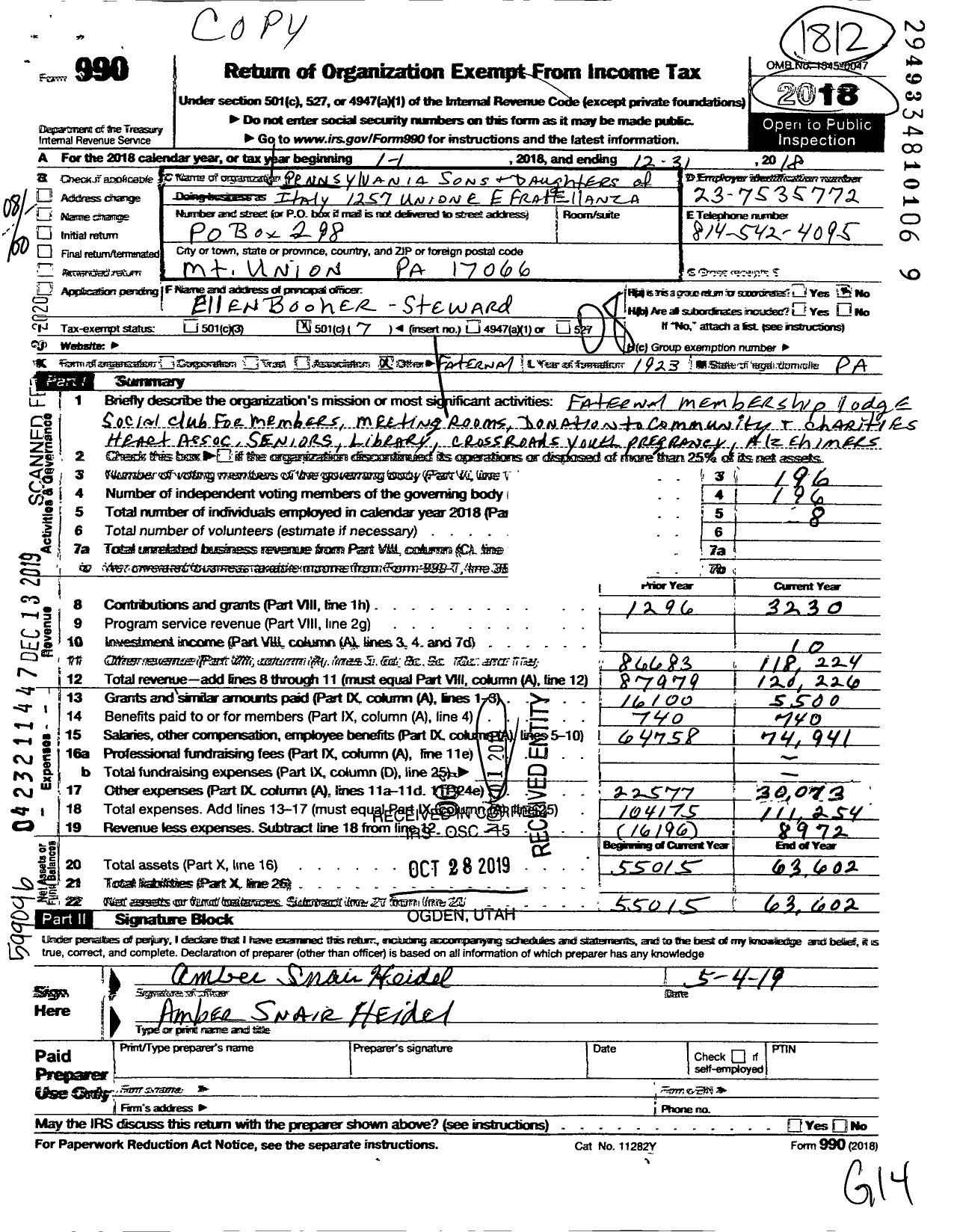 Image of first page of 2018 Form 990O for PENNSYLVANIA SONS AND DAUGHTERS OF ITALY - 1257 unione e Fratellanza