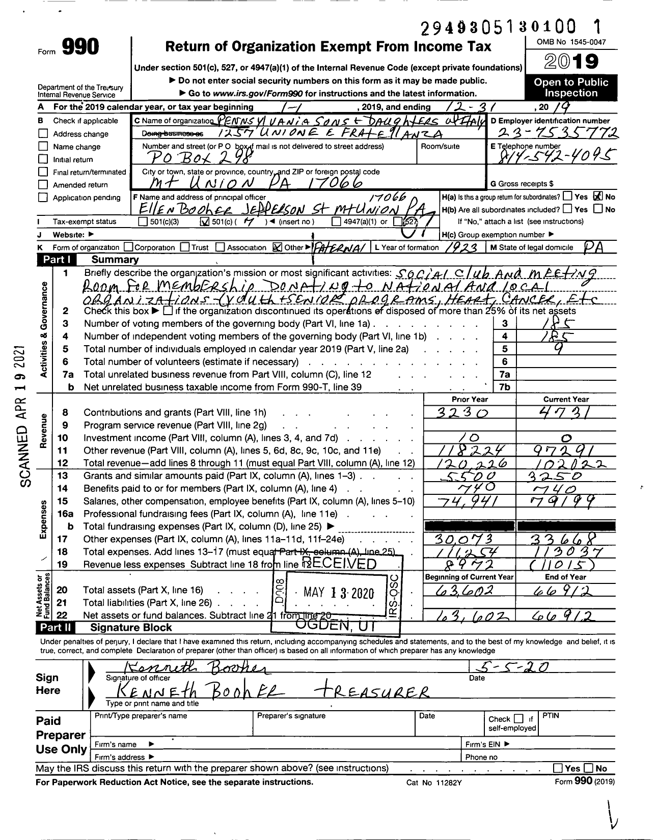 Image of first page of 2019 Form 990O for PENNSYLVANIA SONS AND DAUGHTERS OF ITALY - 1257 unione e Fratellanza