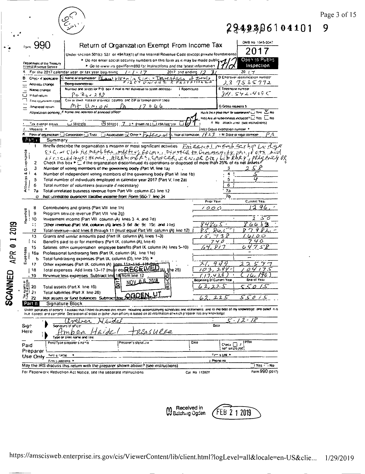 Image of first page of 2017 Form 990O for PENNSYLVANIA SONS AND DAUGHTERS OF ITALY - 1257 unione e Fratellanza