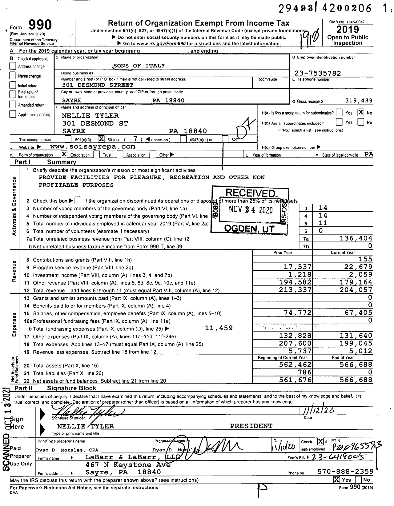 Image of first page of 2019 Form 990O for Pennsylvania Sons and Daughters of Italy - 1342 Roma Madre