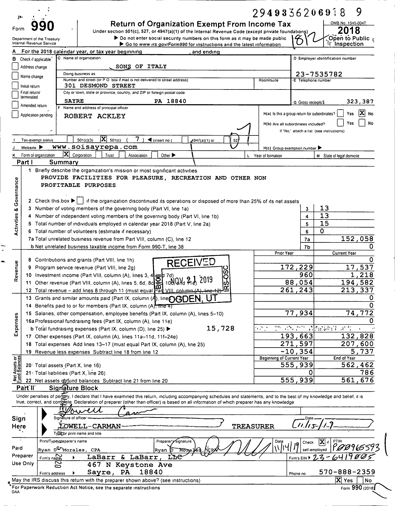 Image of first page of 2018 Form 990O for Pennsylvania Sons and Daughters of Italy - 1342 Roma Madre