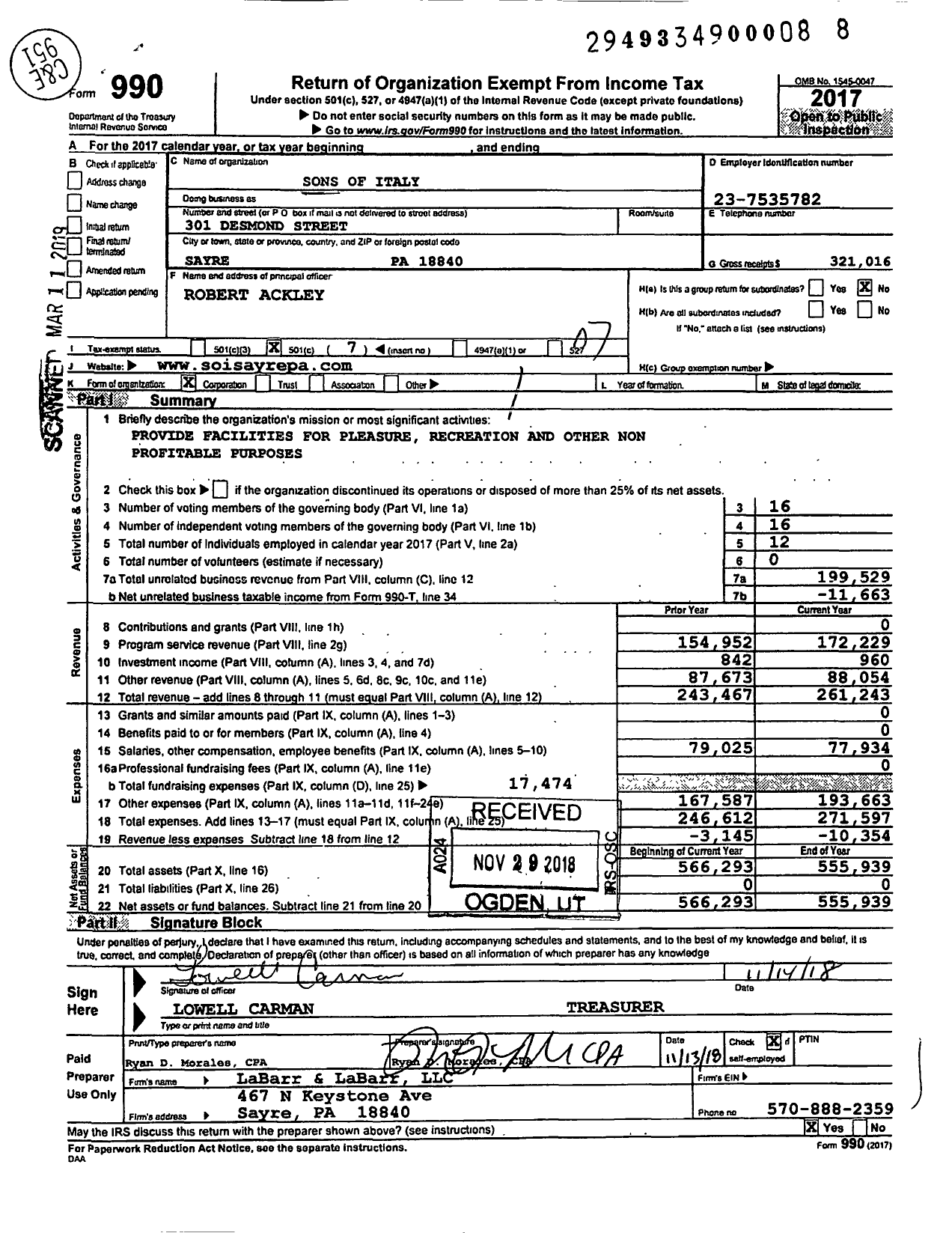 Image of first page of 2017 Form 990O for Pennsylvania Sons and Daughters of Italy - 1342 Roma Madre