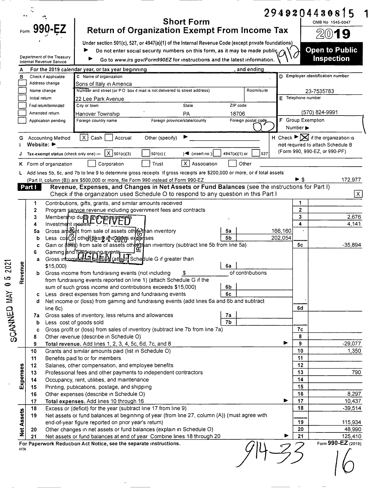 Image of first page of 2019 Form 990EZ for Pennsylvania Sons and Daughters of Italy - 1397 Francesco Ferruccio