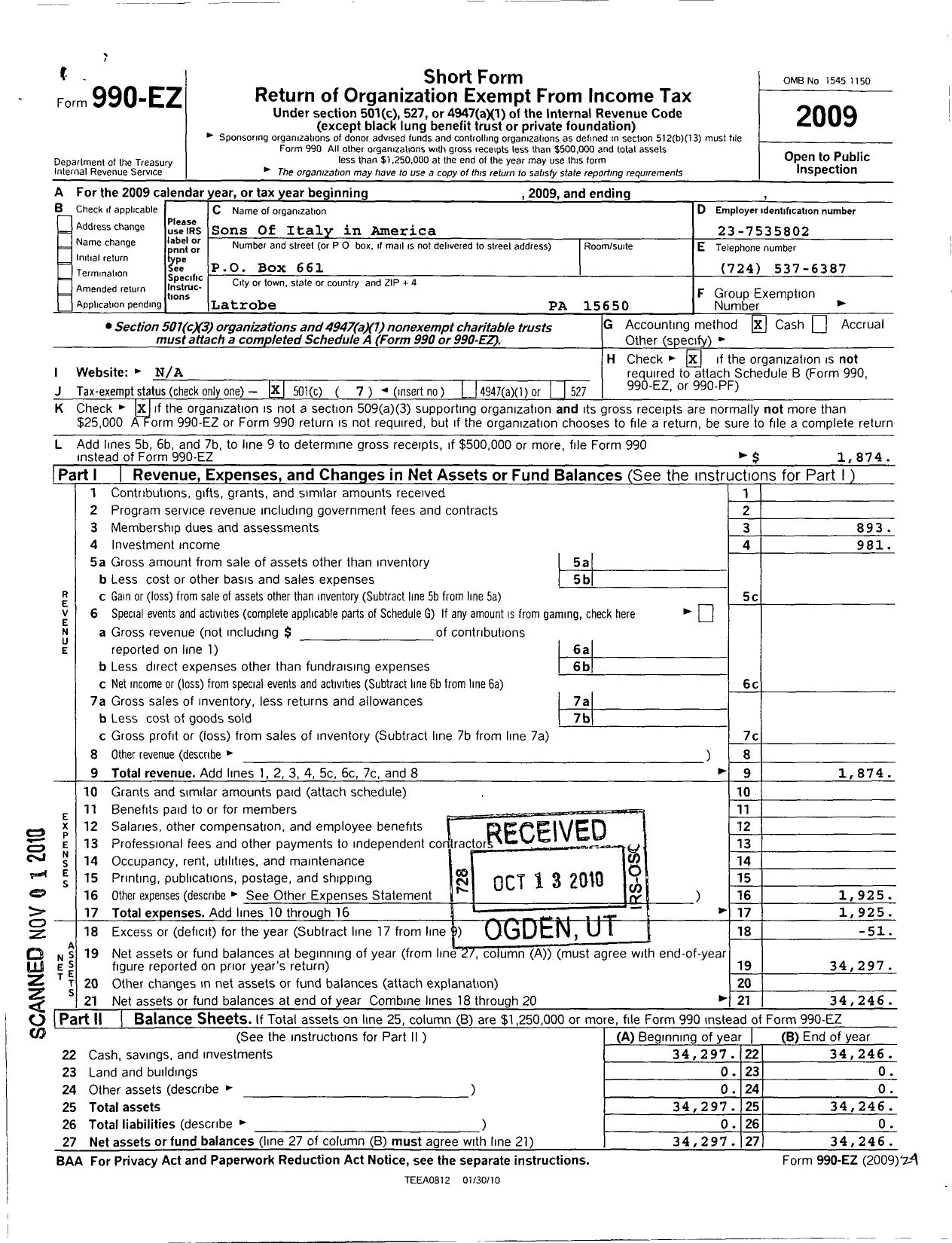 Image of first page of 2009 Form 990EO for Grand Lodge of Pennsylvania Sons and Daughters of Italy - 1528 Latrobe