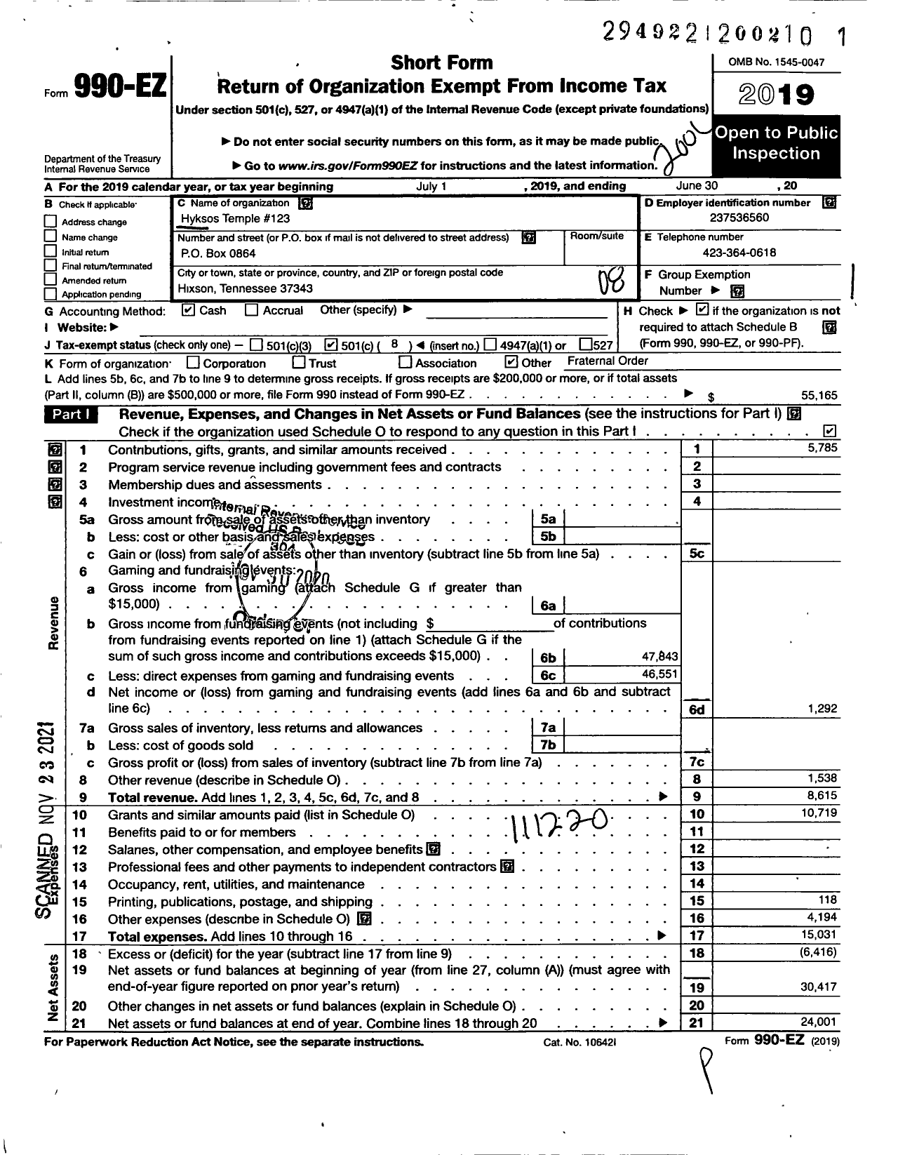 Image of first page of 2019 Form 990EO for Ancient Egyptian Arabic Order Nobles Mystic Shrine of N and S Amer - 123 Hyksos Temple