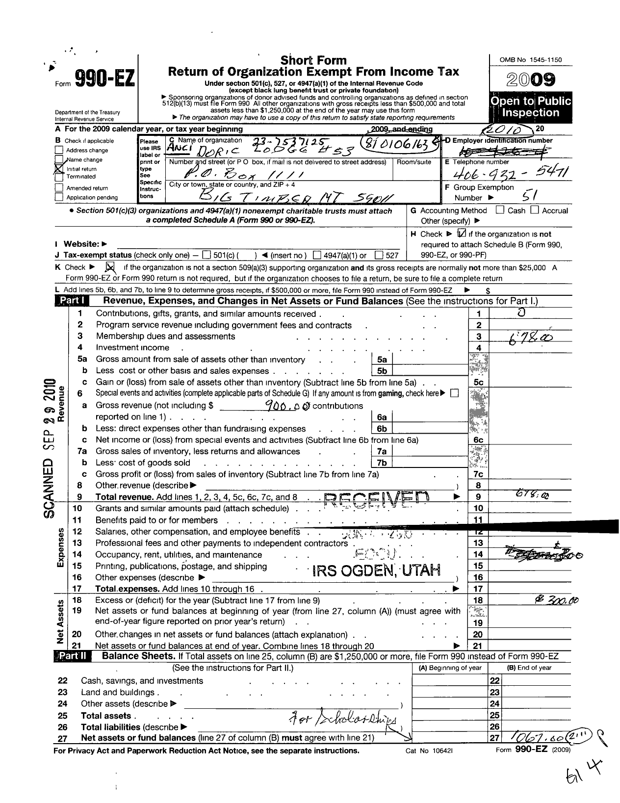 Image of first page of 2009 Form 990EO for Ancient Free and Accepted Masons of Montana - 53 Doric Lodge