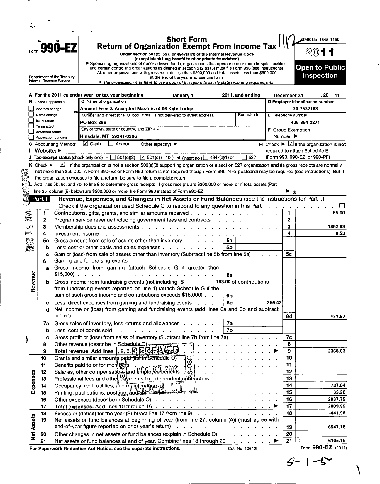 Image of first page of 2011 Form 990EO for Ancient Free and Accepted Masons of Montana - 96 Kyle Lodge