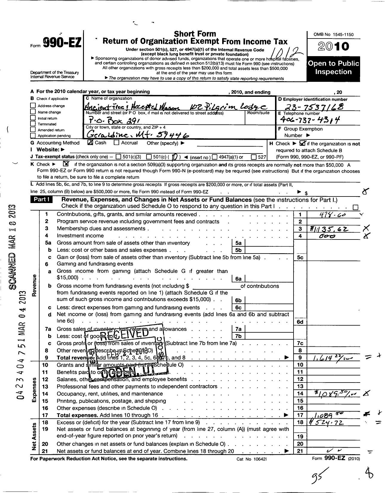 Image of first page of 2010 Form 990EO for Ancient Free and Accepted Mason of Montana - 102 Pilgrim Lodge