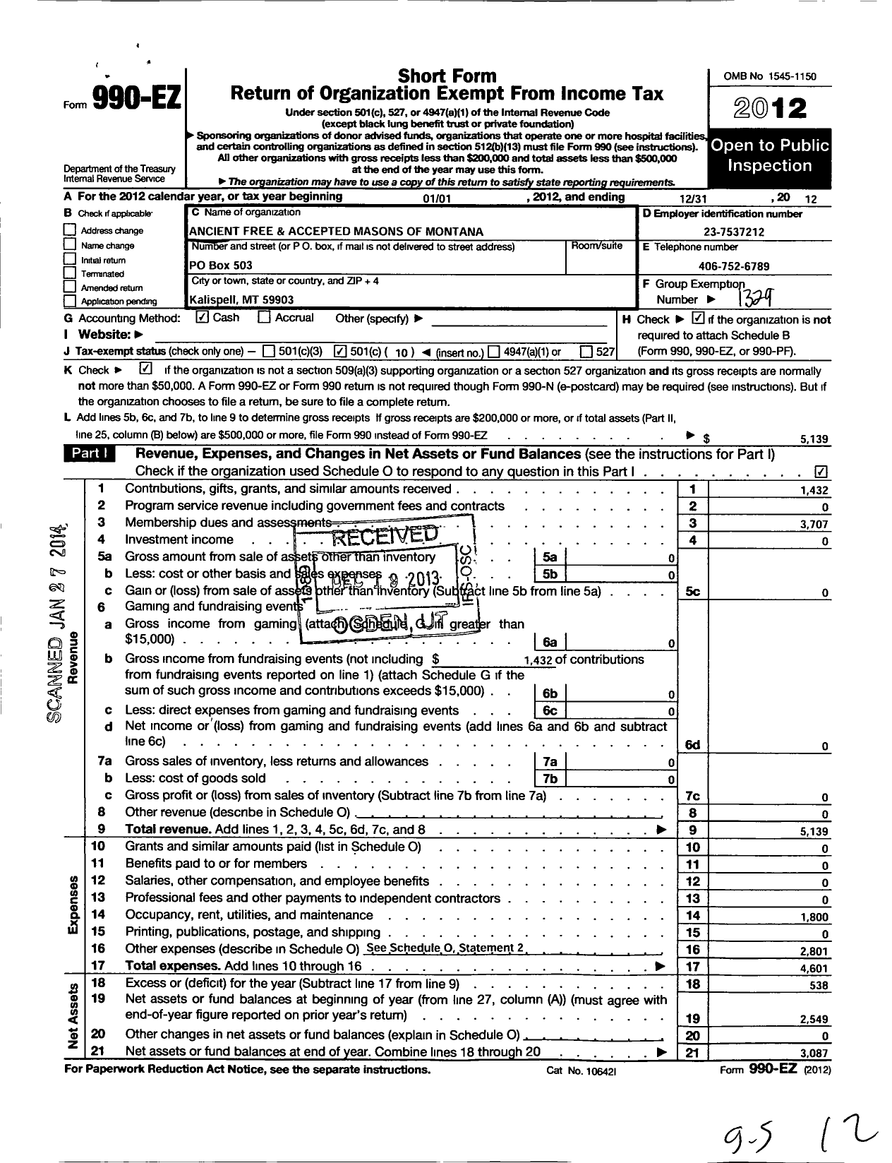 Image of first page of 2012 Form 990EO for Ancient Free and Accepted Masons of Montana - 152 Trinity Lodge