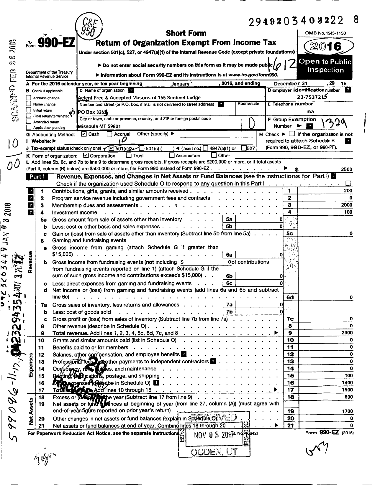 Image of first page of 2016 Form 990EO for Ancient Free and Accepted Masons of Montana - 155 Sentinel Lodge