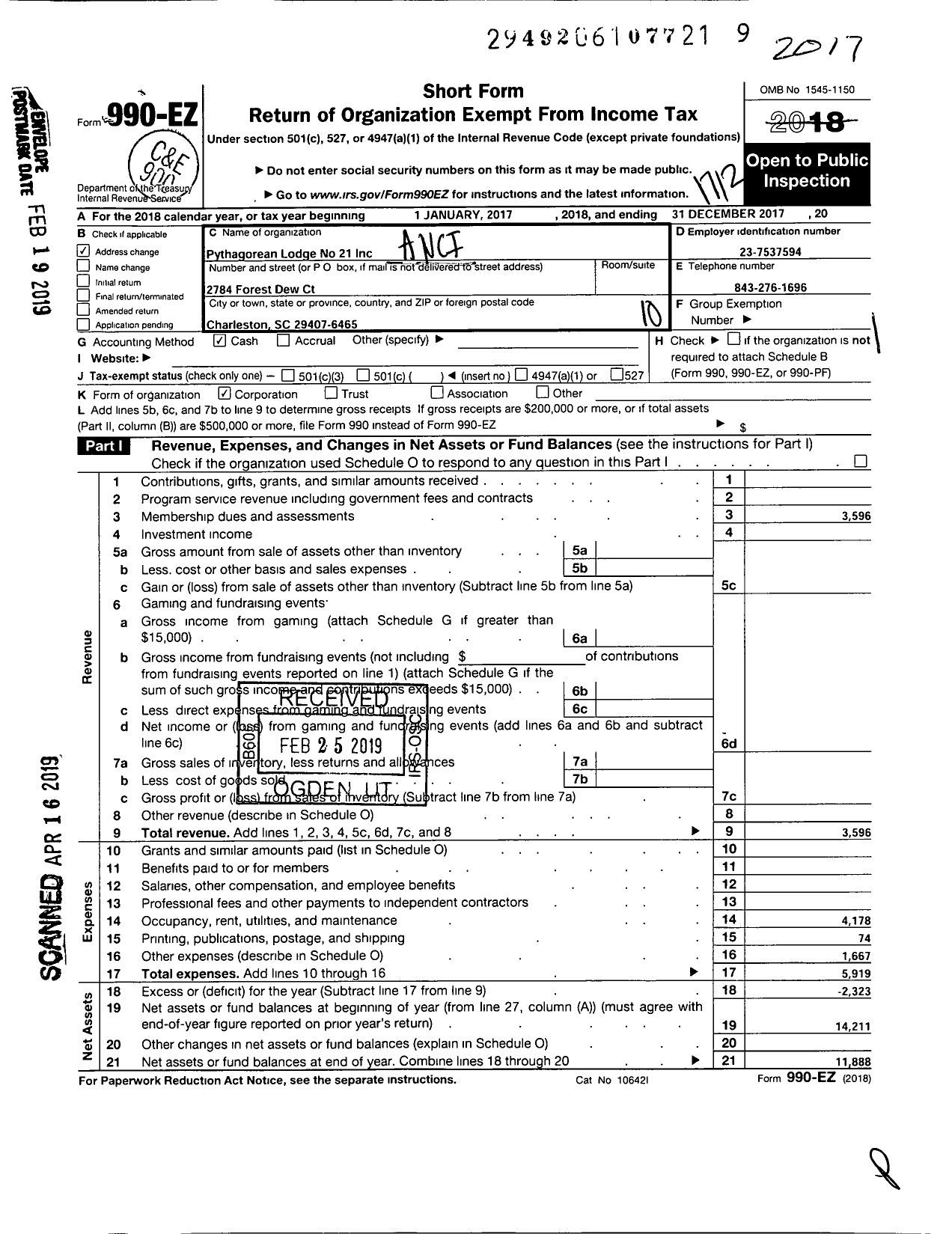 Image of first page of 2017 Form 990EO for Pythagorean Lodge No 21