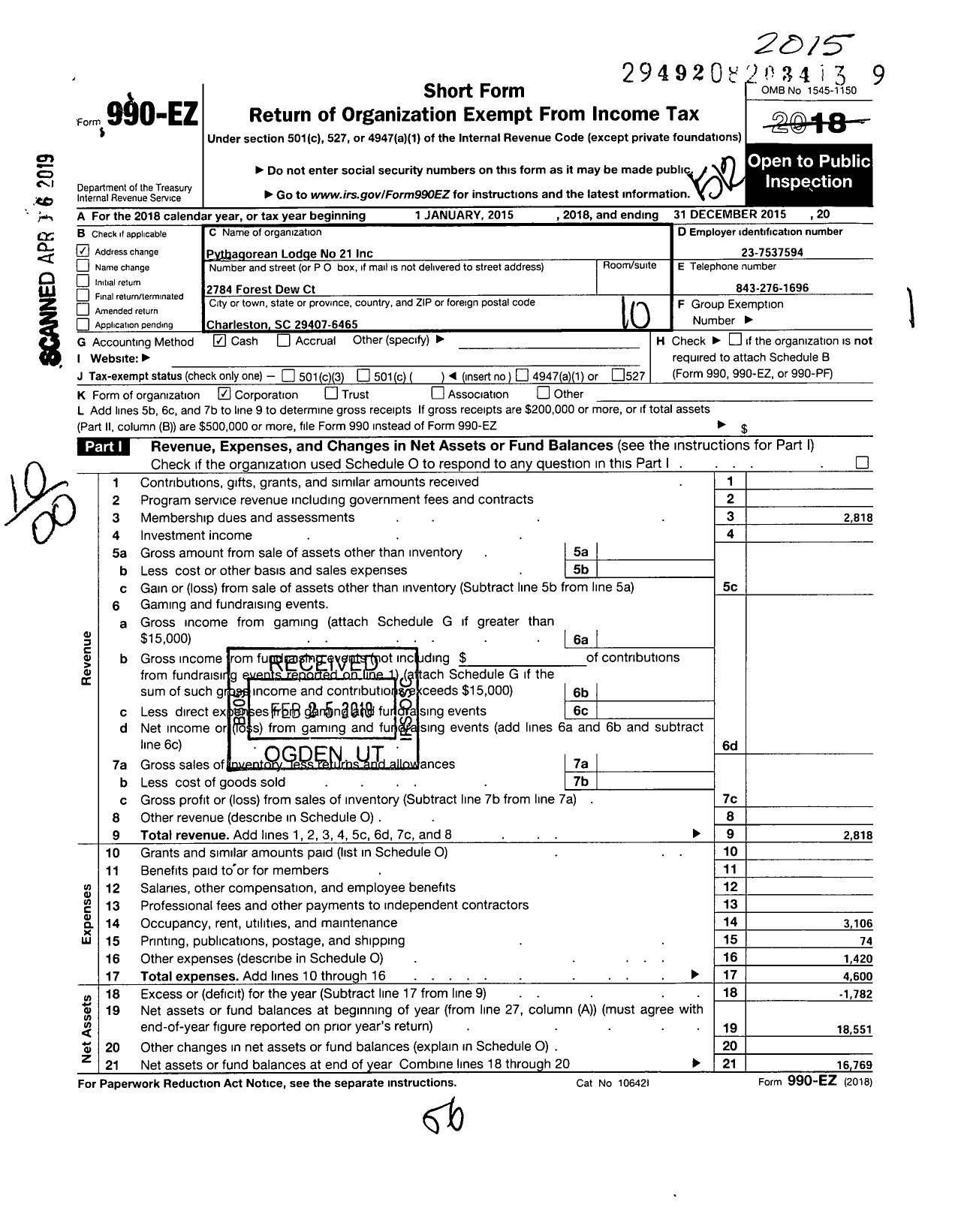 Image of first page of 2015 Form 990EO for Pythagorean Lodge No 21