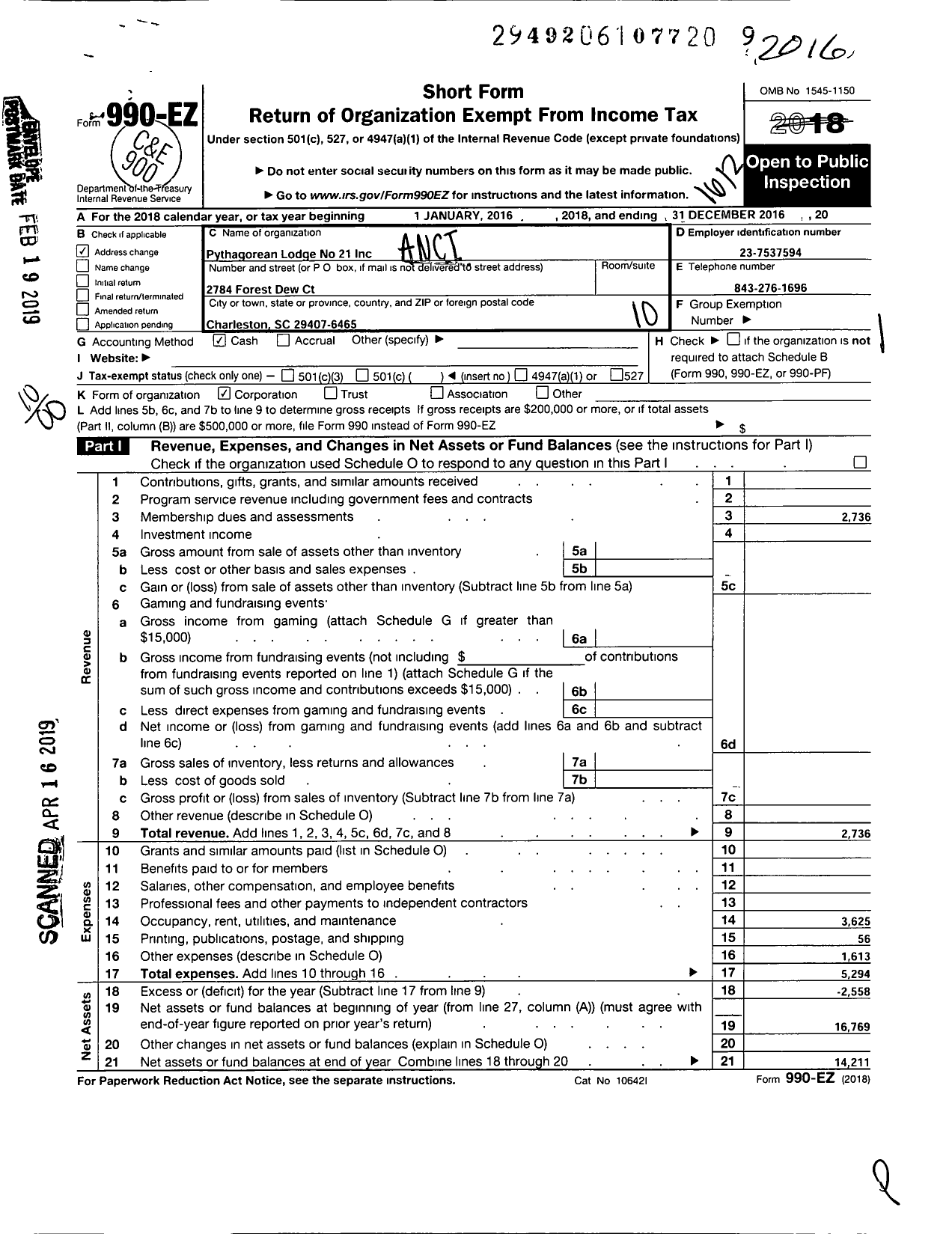 Image of first page of 2016 Form 990EO for Pythagorean Lodge No 21