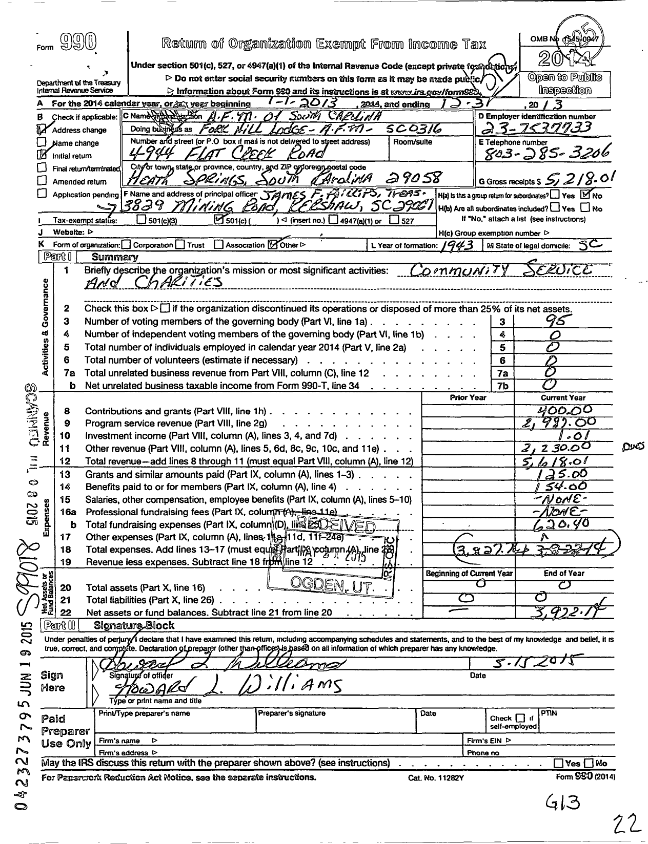 Image of first page of 2013 Form 990O for Ancient Free Masons of South Carolina - 316 Fork Hill Lodge