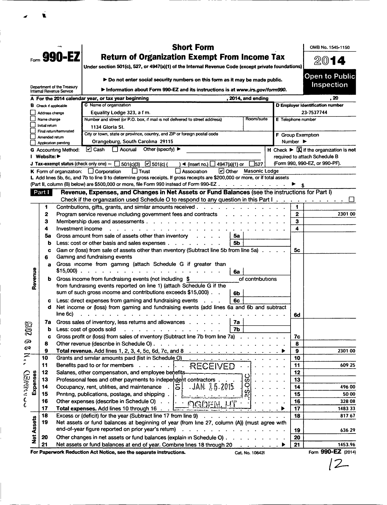 Image of first page of 2014 Form 990EO for Ancient Free Masons of South Carolina - 323 Equality Lodge