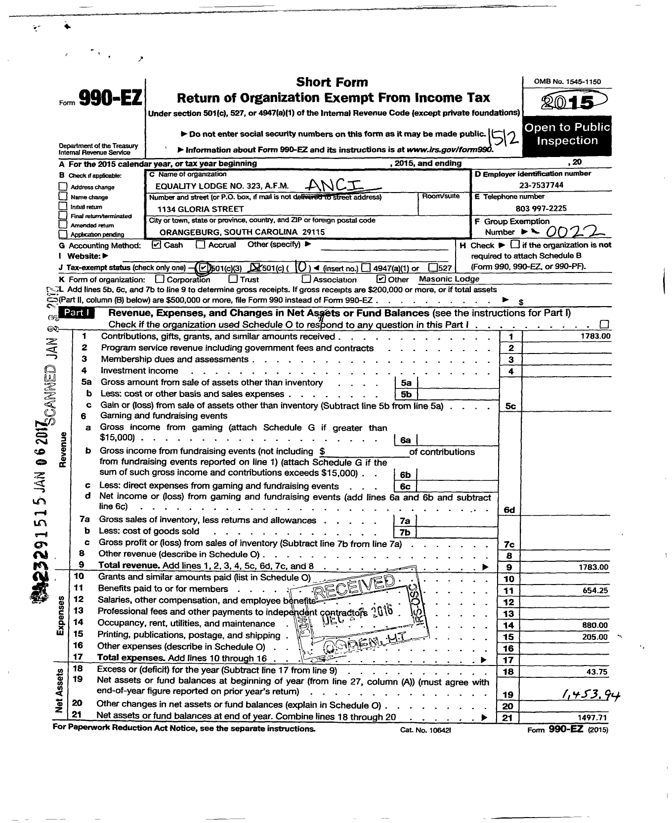 Image of first page of 2015 Form 990EO for Ancient Free Masons of South Carolina - 323 Equality Lodge