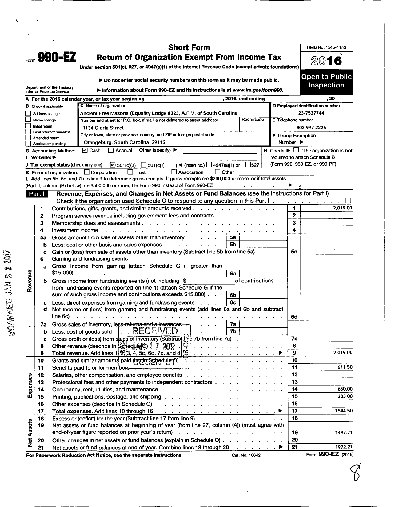 Image of first page of 2016 Form 990EZ for Ancient Free Masons of South Carolina - 323 Equality Lodge