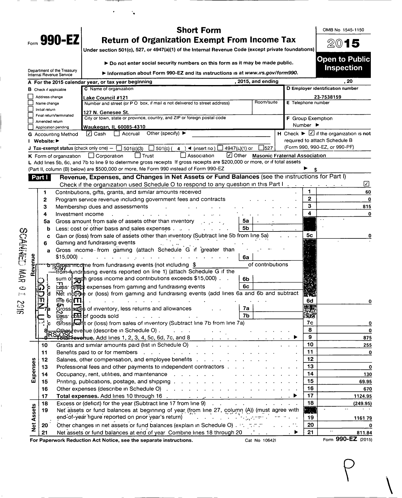 Image of first page of 2015 Form 990EO for Cryptic Masons of the State of Illinois - 121 Lake Council