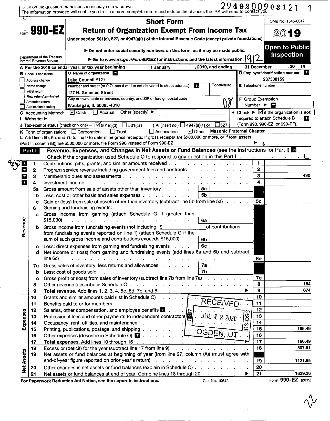 Image of first page of 2019 Form 990EO for Cryptic Masons of the State of Illinois - 121 Lake Council