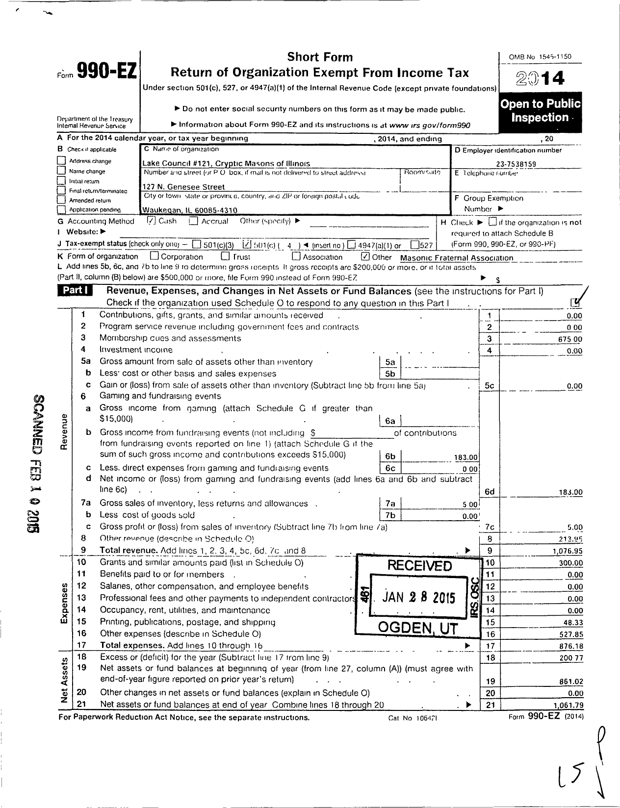 Image of first page of 2014 Form 990EO for Cryptic Masons of the State of Illinois - 121 Lake Council