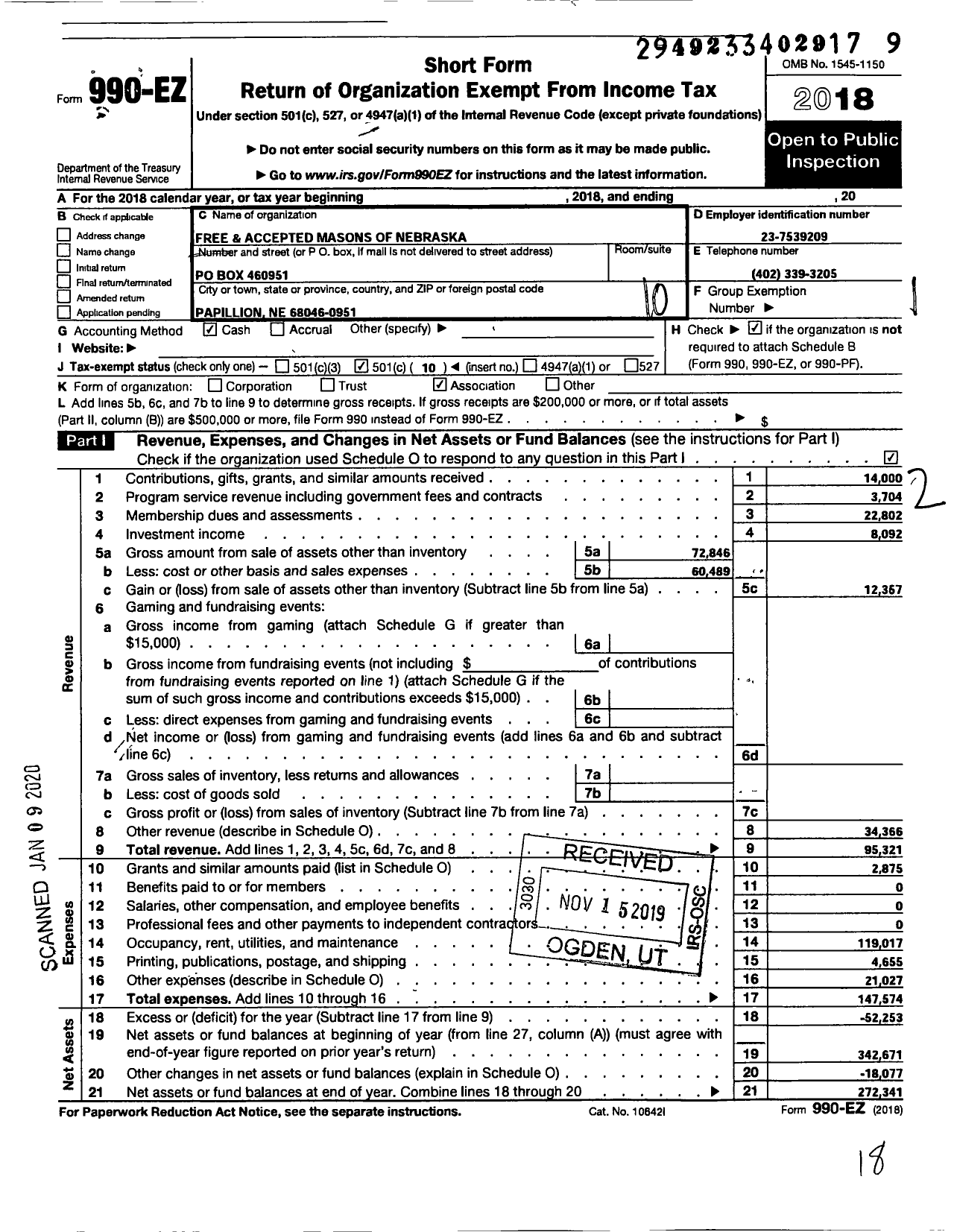 Image of first page of 2018 Form 990EO for Free and Accepted Masons of Nebraska Mahf - 39 Papillion Lodge