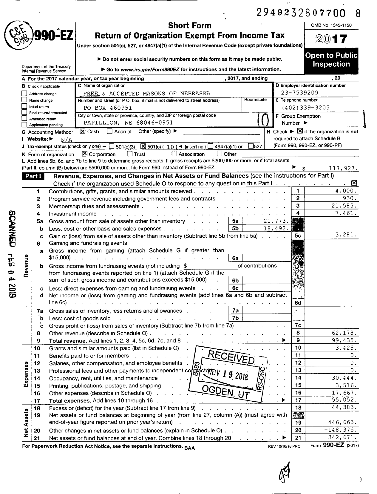 Image of first page of 2017 Form 990EO for Free and Accepted Masons of Nebraska Mahf - 39 Papillion Lodge